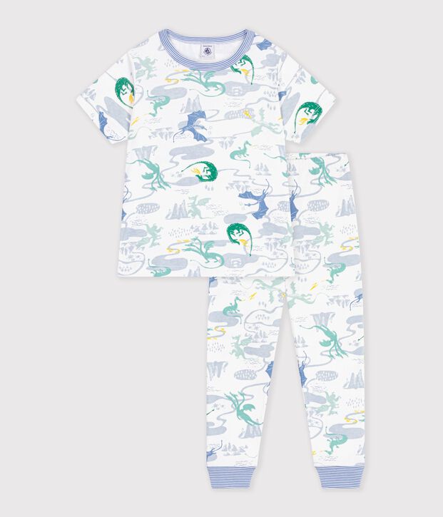Pyjama enfant en coton manches courtes jambes longues imprim&eacute; blanc/multicouleur