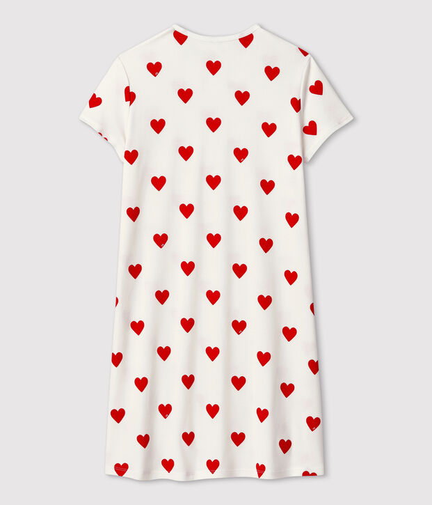 Chemise de nuit c&oelig;ur fille en coton blanc/rouge