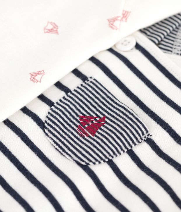 Ensemble salopette b&eacute;b&eacute; rayure marini&egrave;re et body imprim&eacute; blanc/bleu