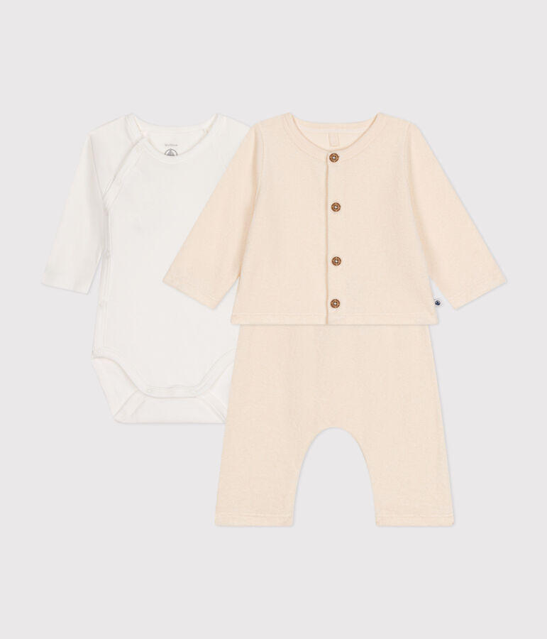 Ensemble 3 pi&egrave;ces en bouclette &eacute;ponge b&eacute;b&eacute; &eacute;cru