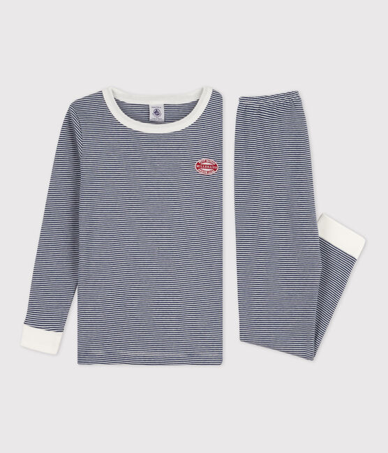 Pyjama ajusté milleraies en coton enfant bleu MEDIEVAL/blanc MARSHMALLOW