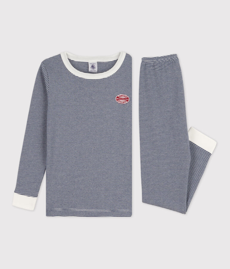 Pyjama ajust&eacute; milleraies en coton enfant bleu/blanc