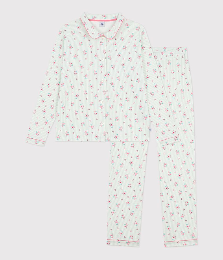 Pyjama boutonn&eacute; femme en coton imprim&eacute; blanc MARSHMALLOW/blanc MULTICO