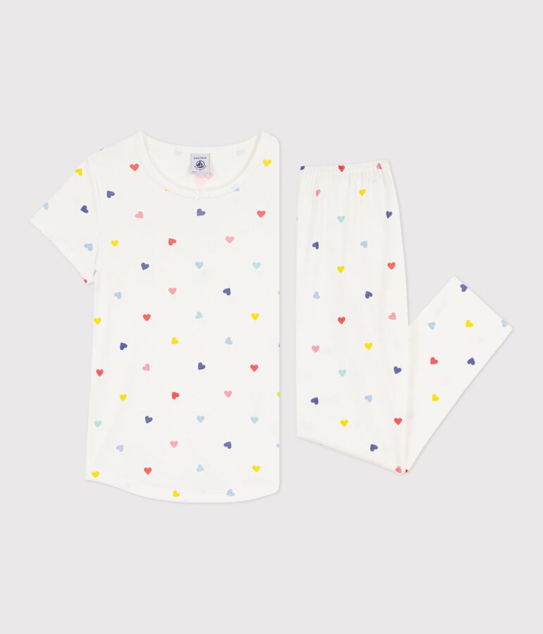 Pyjama enfant en coton manches courtes jambes longues &agrave; c&oelig;urs blanc MARSHMALLOW/blanc MULTICO