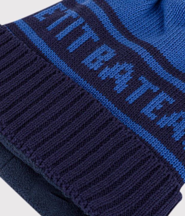 Bonnet enfant jacquard en tricot doubl&eacute; polaire bleu/bleu