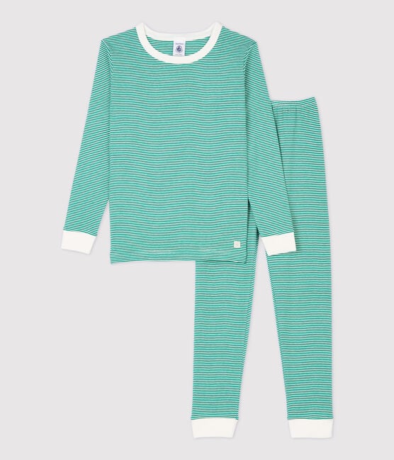 Pyjama snugfit rayé milleraies petit garçon en coton biologique vert PIVERT/blanc MARSHMALLOW