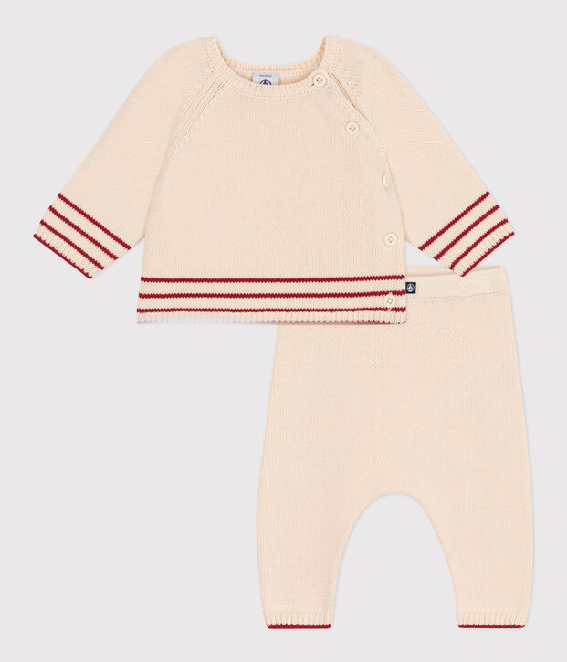 Ensemble b&eacute;b&eacute; deux pi&egrave;ces en tricot coton, jacquard &eacute;cru/rouge