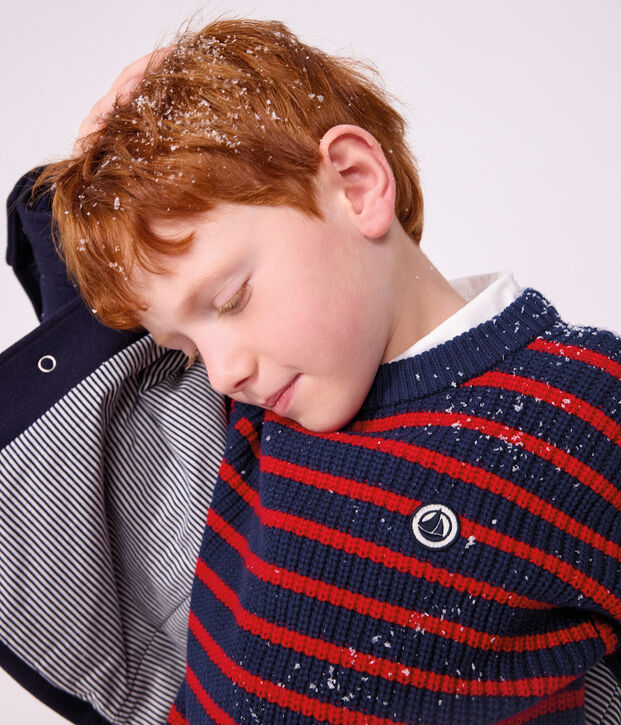 Pull enfant en laine et coton &agrave; rayures bleu/rouge