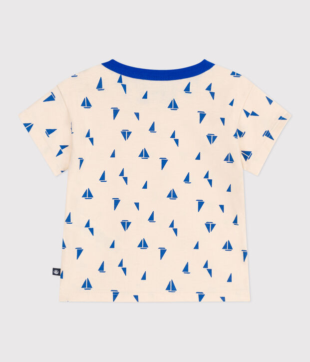 T-shirt b&eacute;b&eacute; en coton &agrave; manches courtes, imprim&eacute; bateaux &eacute;cru/bleu