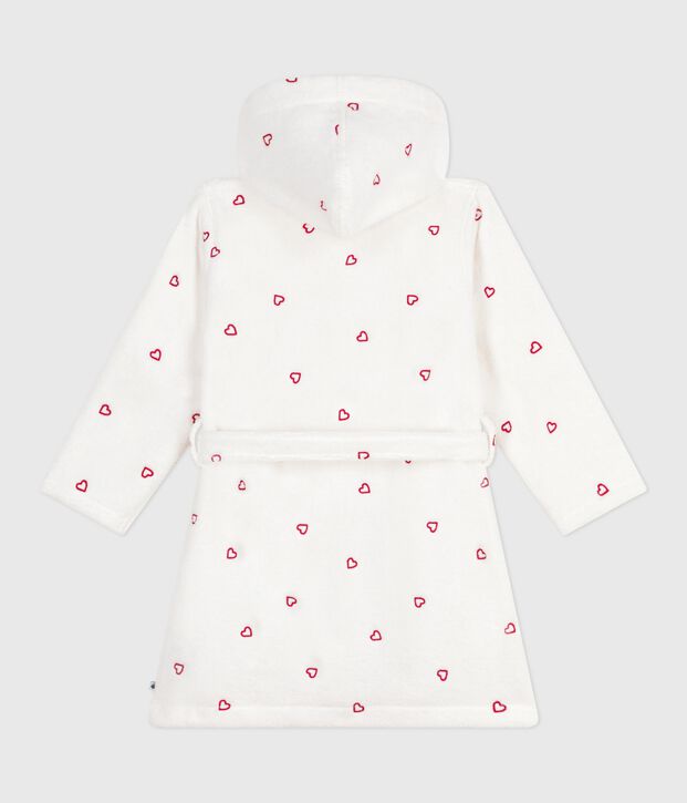 Peignoir enfant en coton &eacute;ponge c&oelig;urs brod&eacute;s blanc/rouge