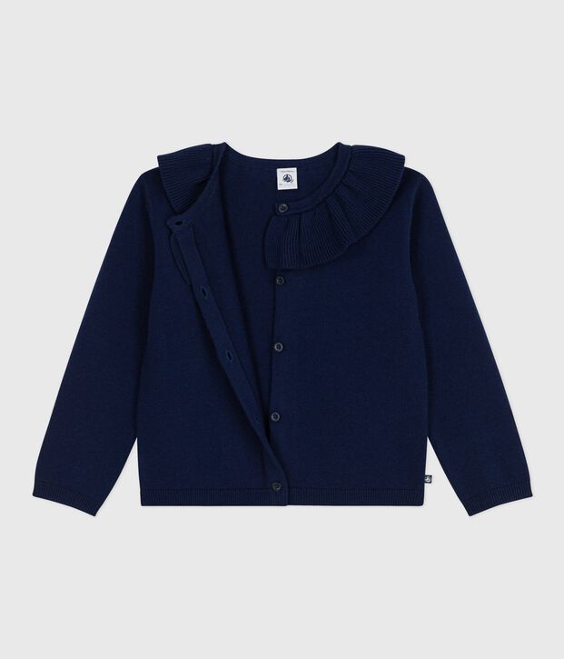 Cardigan enfant en laine et coton uni bleu marine