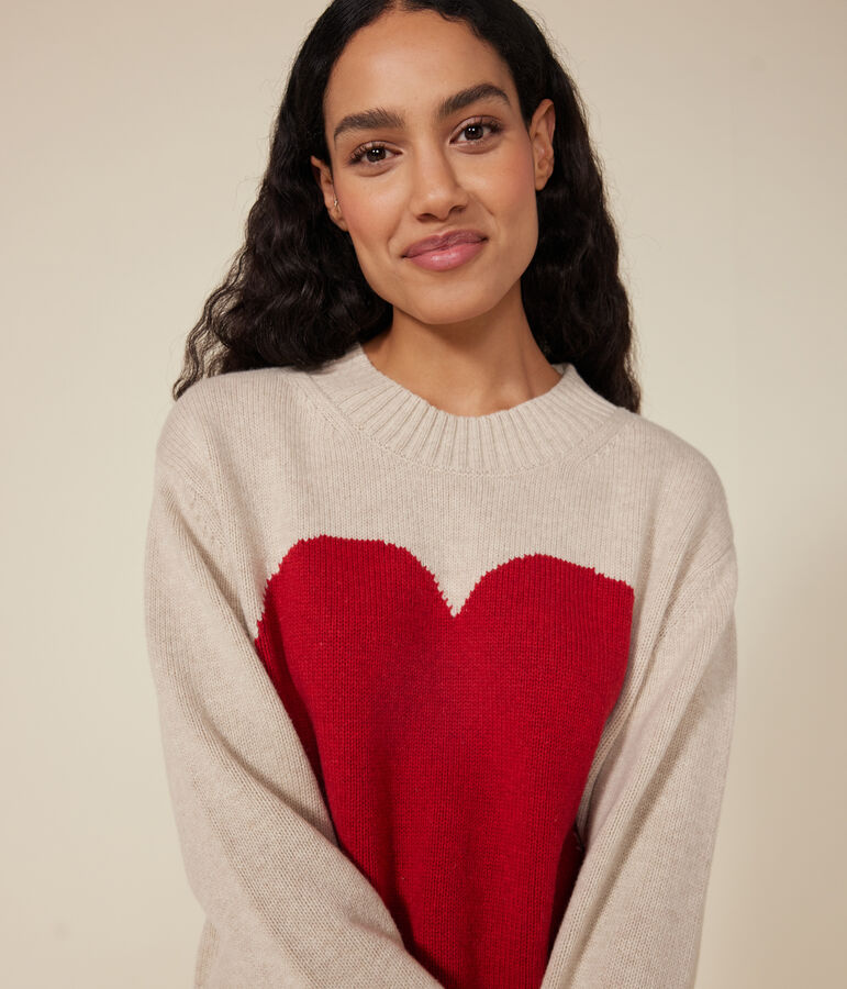 Pull laine et coton femme &eacute;cru/rouge