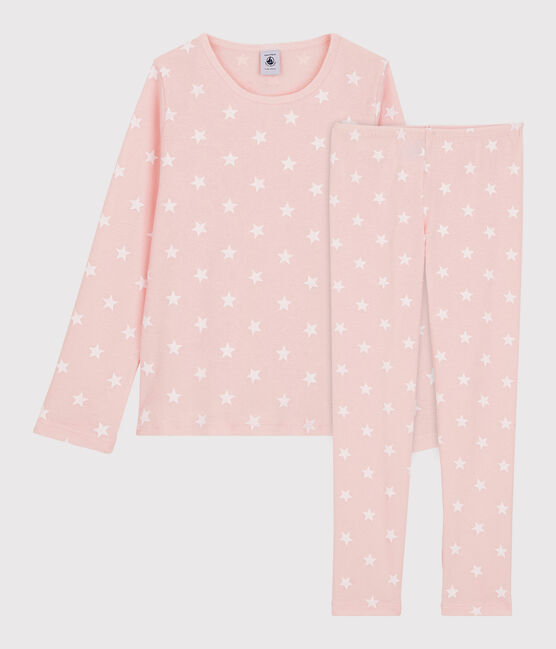Pyjama imprimé étoiles petite fille en coton rose MINOIS/blanc MARSHMALLOW