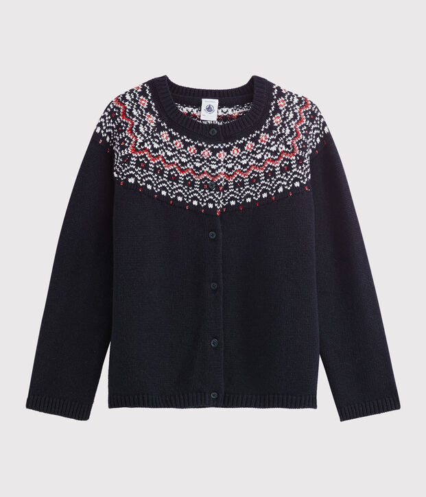 Cardigan laine et coton enfant fille bleu/multicouleur