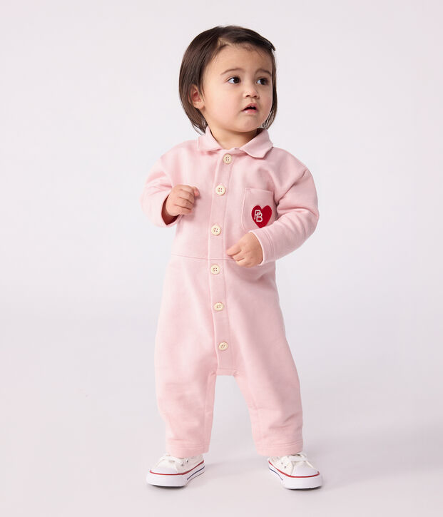 Combinaison longue b&eacute;b&eacute; en coton uni, style pompiste rose clair