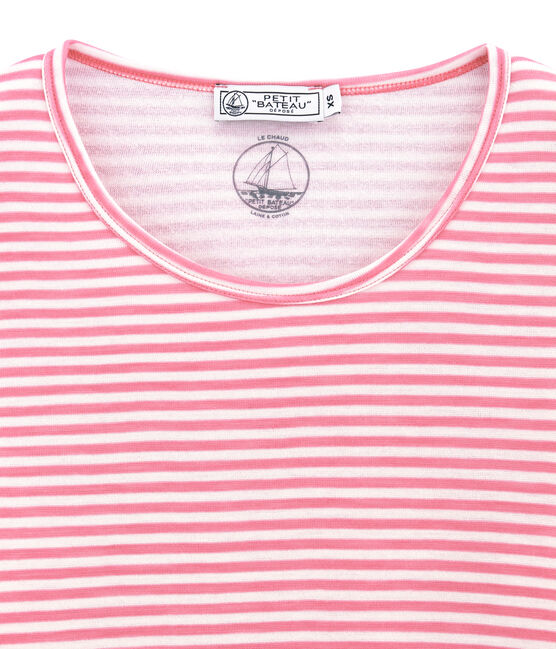 Tee shirt manches longues coton et laine pour femme rose CHEEK/blanc MARSHMALLOW
