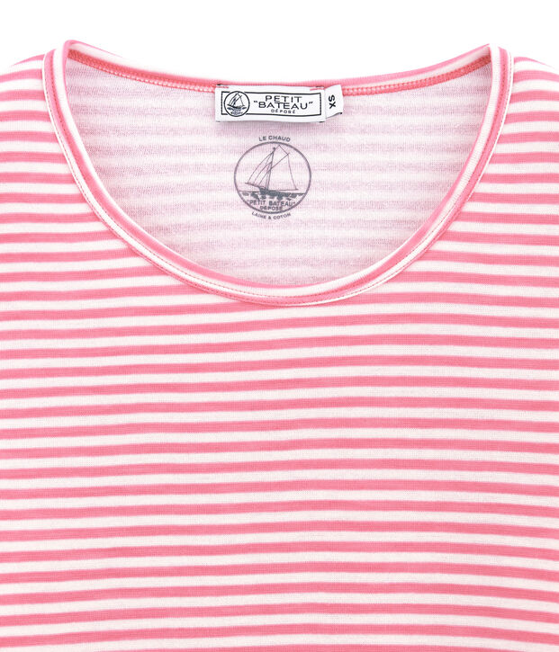 Tee shirt manches longues coton et laine pour femme rose/blanc