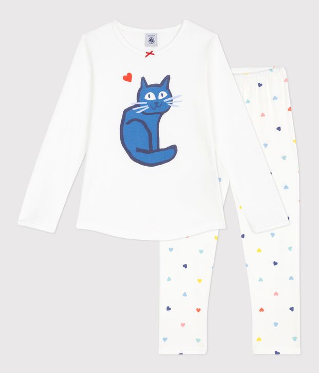 Pyjama enfant en coton &agrave; motif chat blanc/multicouleur