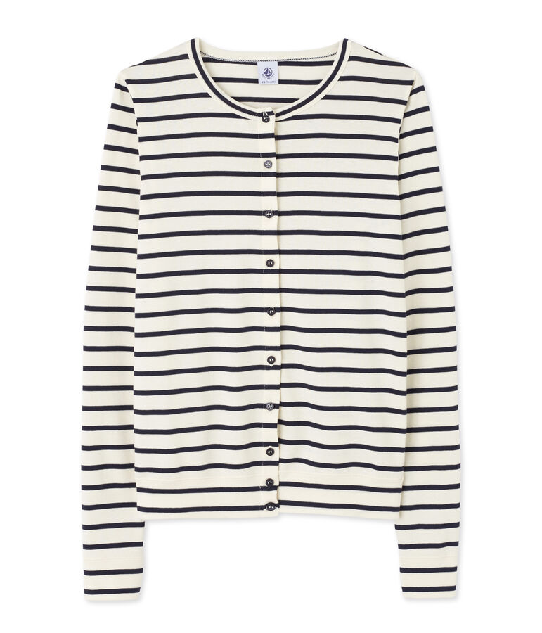 Cardigan femme ray&eacute; milleraies blanc/bleu