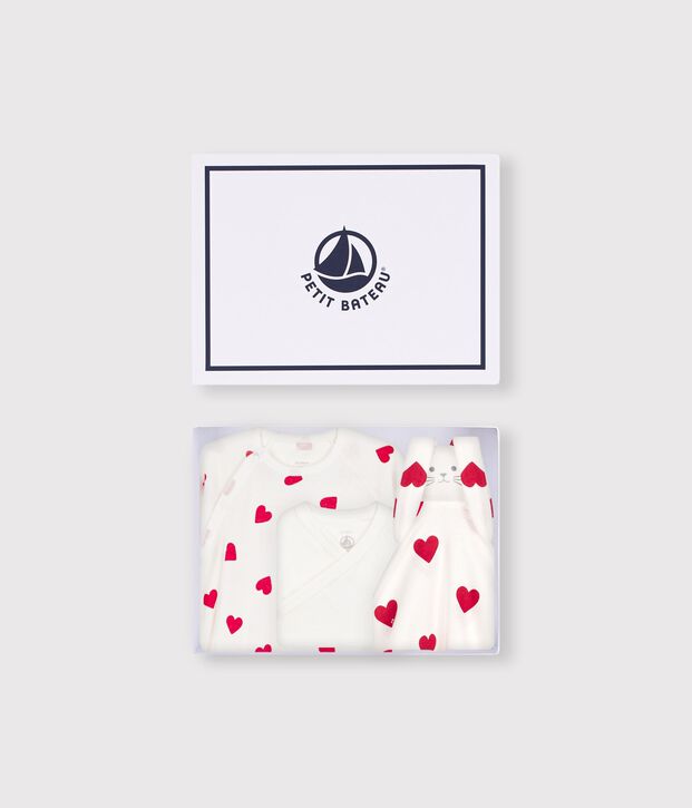 Coffret cadeau naissance en coton imprim&eacute; c&oelig;ur multicouleur