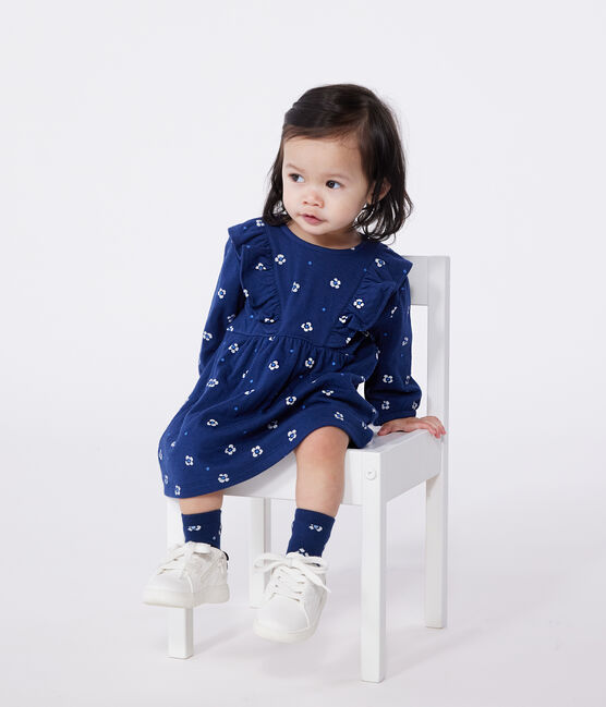 Robe bébé en coton manches longues , imprimée à fleurs bleu MEDIEVAL/blanc MULTICO