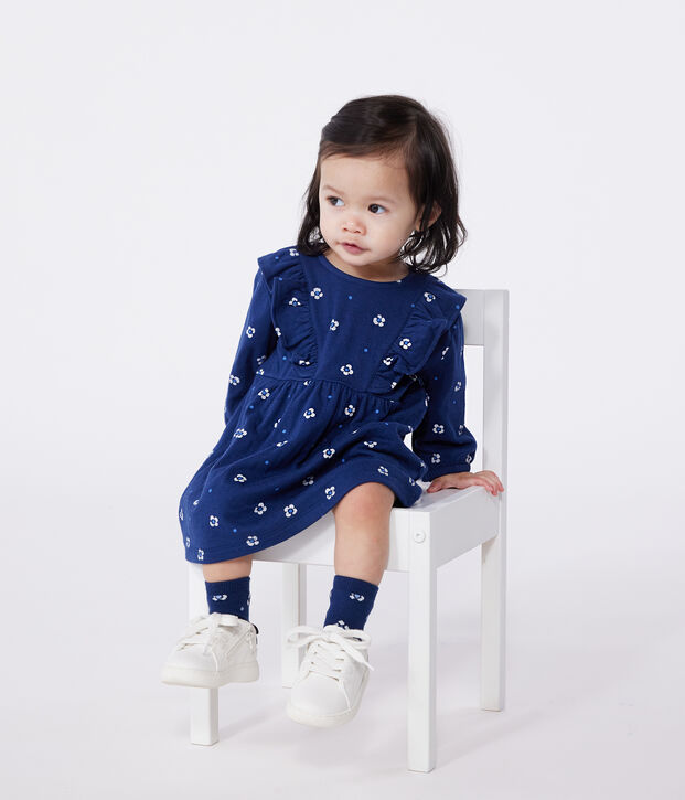 Robe b&eacute;b&eacute; en coton manches longues , imprim&eacute;e &agrave; fleurs bleu/multicouleur