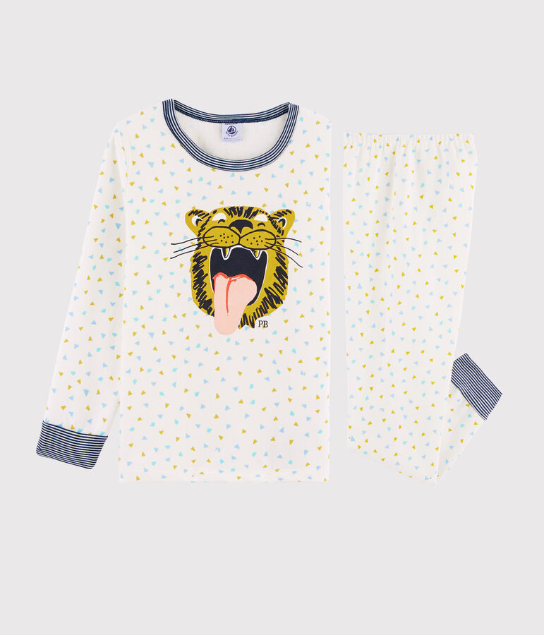 Pyjama enfant &agrave; motif tigre en c&ocirc;te blanc MARSHMALLOW/blanc MULTICO