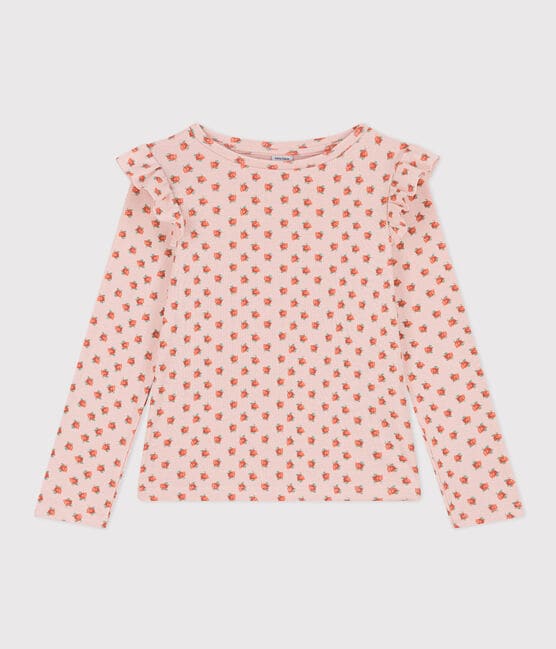 Tee-shirt manches longues en coton enfant fille rose SALINE/blanc MULTICO