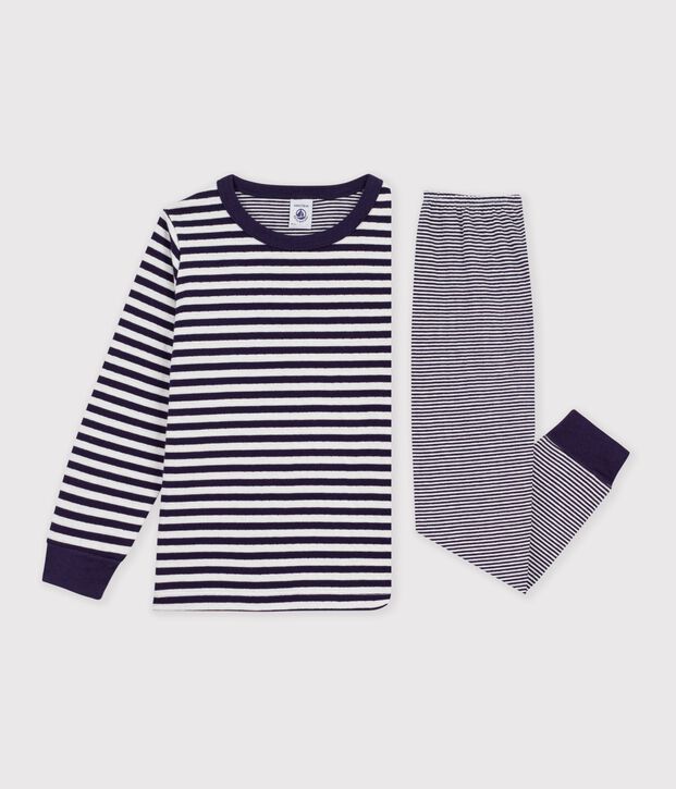 Pyjama enfant en tubique &agrave; rayures bleu/&eacute;cru
