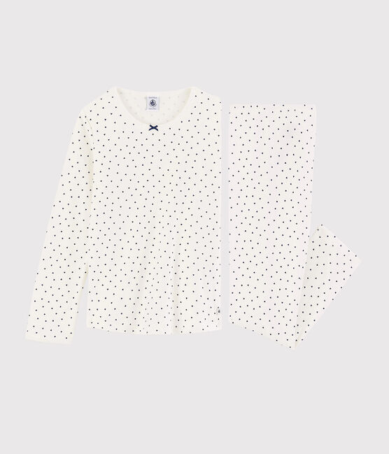 Pyjama à petits cœurs petite fille en coton blanc MARSHMALLOW/bleu MEDIEVAL