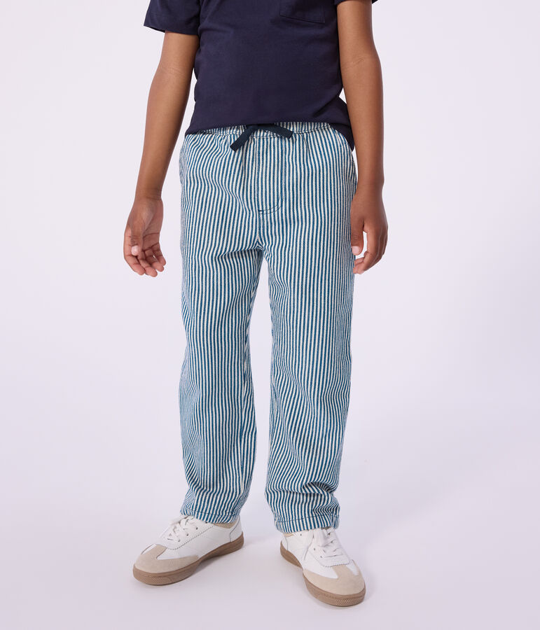 Pantalon enfant en coton &agrave; rayures bleu/blanc