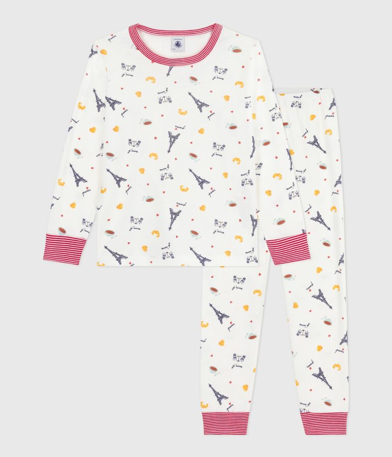 Pyjama enfant en coton imprim&eacute; Paris blanc MARSHMALLOW/blanc MULTICO
