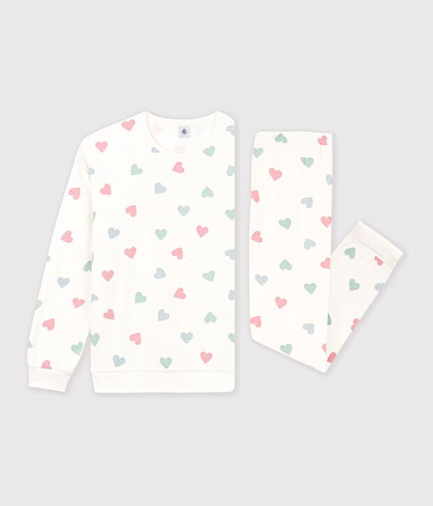 Pyjama femme en coton &eacute;ponge imprim&eacute; c&oelig;urs &eacute;cru/multicouleur