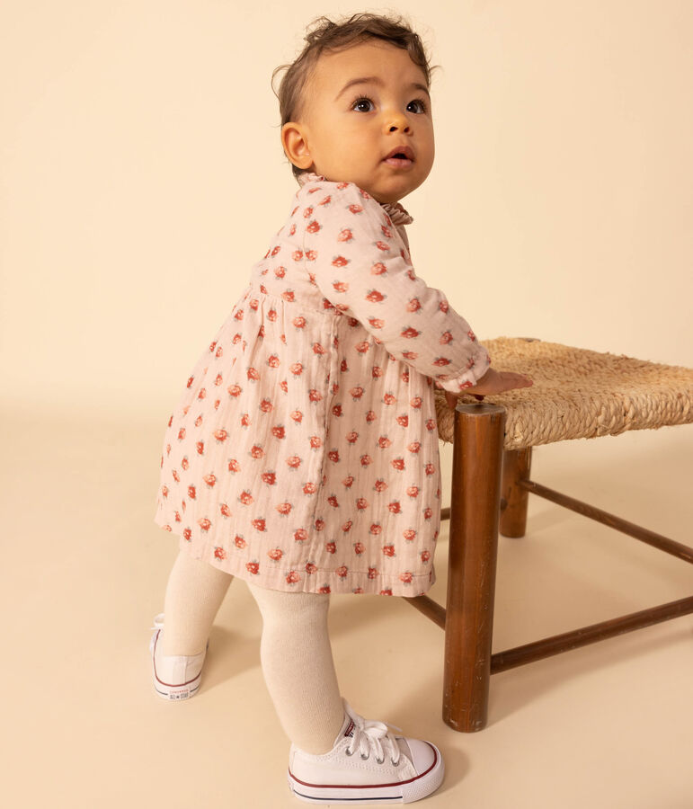 Robe manches longues en gaze de coton b&eacute;b&eacute; rose/multicouleur