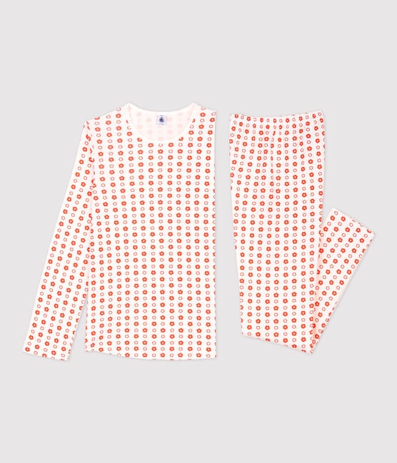 Pyjama imprimé fleurs graphiques fille en coton biologique blanc MARSHMALLOW/ SPICY