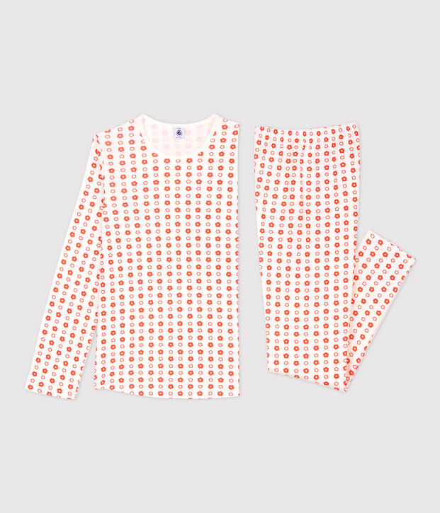 Pyjama imprim&eacute; fleurs graphiques fille en coton biologique blanc/rouge