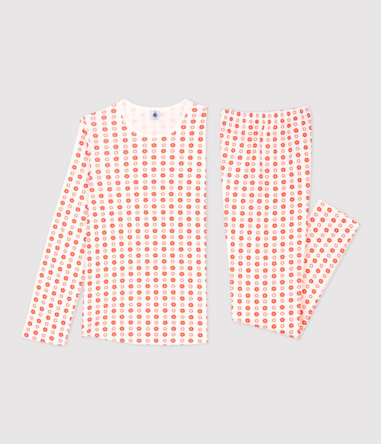 Pyjama imprimé fleurs graphiques fille en coton biologique blanc MARSHMALLOW/ SPICY