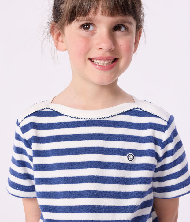 Tee-shirt enfant manches courtes en coton &agrave; rayures bleu/blanc