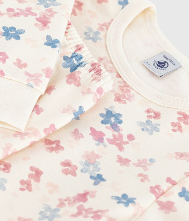 Pyjama enfant en molleton imprim&eacute; fleurs &eacute;cru/multicouleur