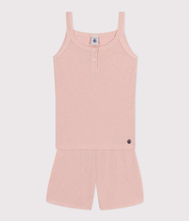 Pyjama short et d&eacute;bardeur uni en coton et lyocell enfant rose