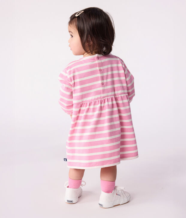 Robe b&eacute;b&eacute; en coton manches longues ray&eacute;e rose/&eacute;cru