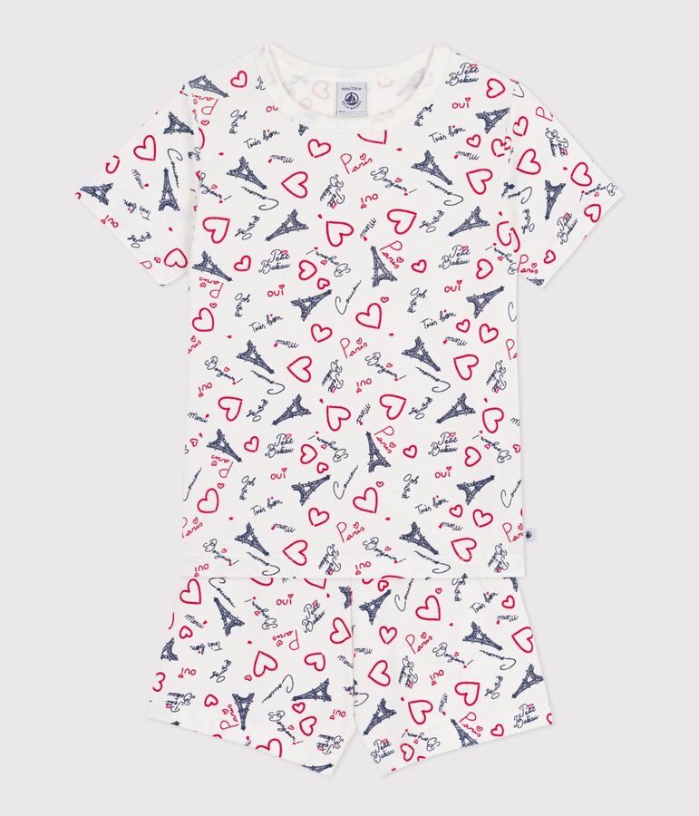 Pyjama short enfant en coton imprim&eacute; Paris blanc MARSHMALLOW/blanc MULTICO