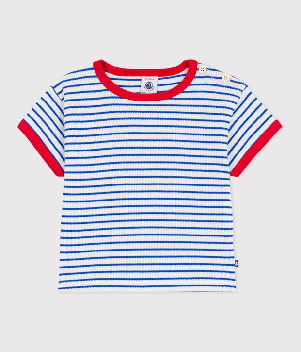 Tee-shirt b&eacute;b&eacute; en coton manches courtes, ray&eacute; bleu/bleu