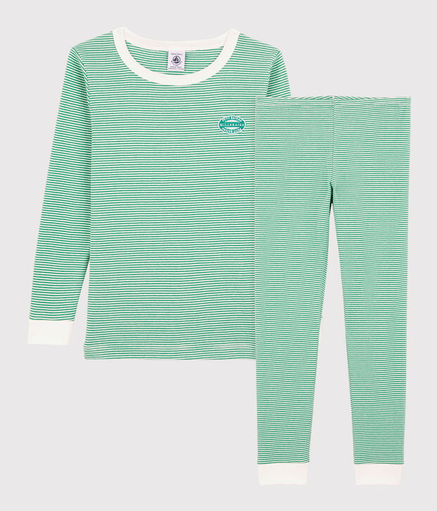 Pyjama snugfit &agrave; rayures vertes petit gar&ccedil;on en coton biologique vert/blanc