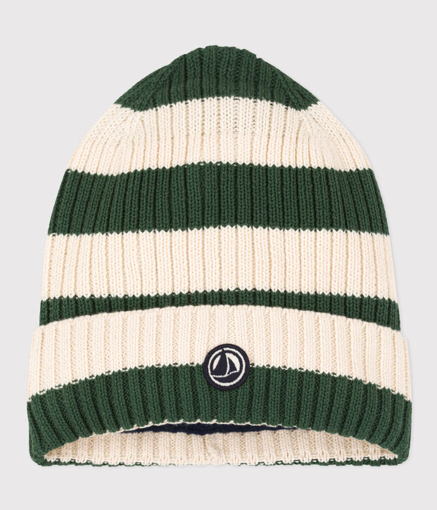 Bonnet ray&eacute; en tricot doubl&eacute; en polaire enfant gar&ccedil;on-fille vert/&eacute;cru