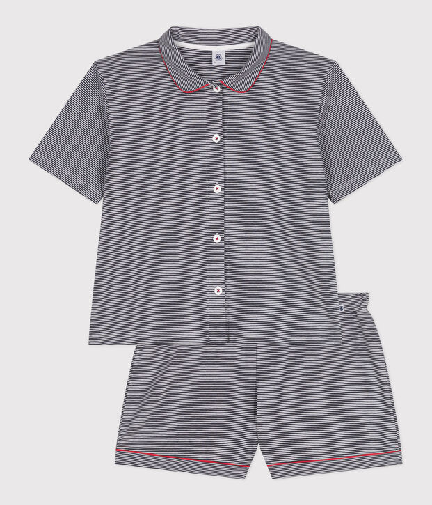 Pyjama short femme en coton boutonn&eacute; &agrave; rayures bleu/blanc