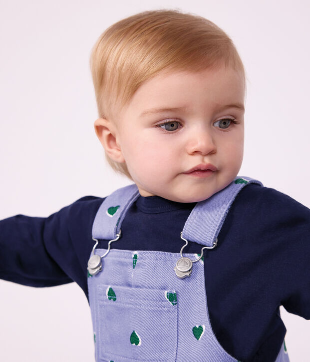 Salopette b&eacute;b&eacute; en serge jambes longues imprim&eacute;e c&oelig;urs violet/multicouleur
