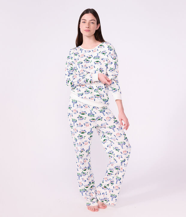 Pyjama femme en coton imprim&eacute; Paris blanc/multicouleur