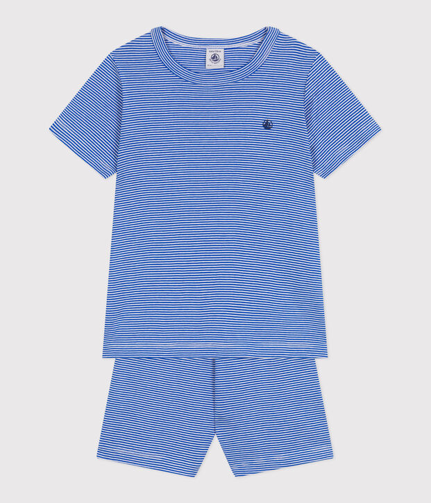 Pyjama short enfant en coton &agrave; rayures bleu/blanc