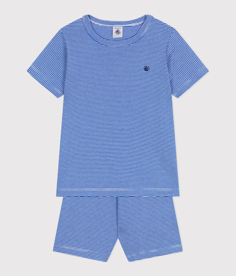 Pyjama short enfant en coton &agrave; rayures bleu PERSE/blanc MARSHMALLOW